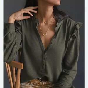 Pilcro Ruffled Olive Green Henley top